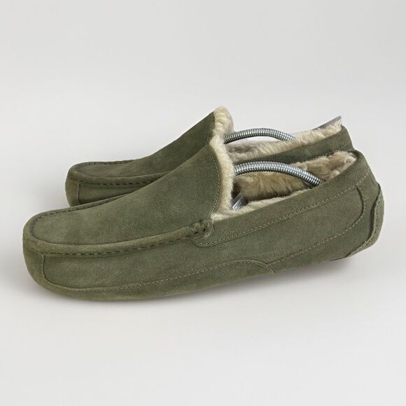 UGG Men’s Ascot  Slippers Loafers Sz 13 Sherpa Lining Olive Green Suede 1101110 - Picture 1 of 10